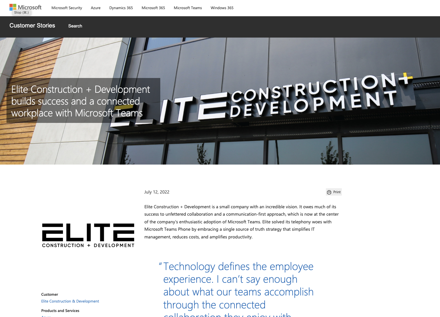Elite Construction + Development Builds Success and a Connected Workplace with Microsoft Teams